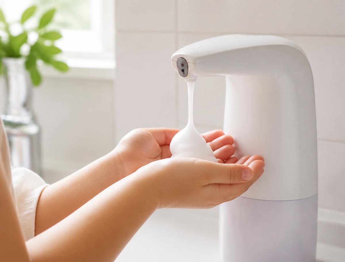 Des mains d'enfant sous le Foamatic recevant une dose de mousse de savon